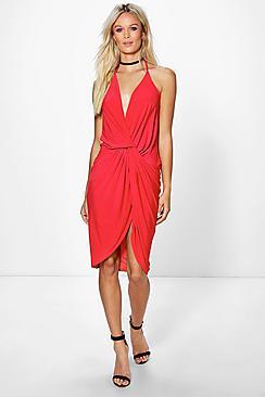 Boohoo Devin Strappy Knot And Drape Midi Dress