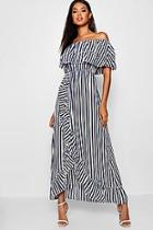 Boohoo Stripe Bardot Ruffle Split Hem Maxi Dress