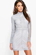 Boohoo Boutique Li Crochet Panelled Bodycon Dress Grey
