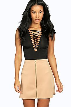 Boohoo Scuba Zip Front A Line Mini Skirt