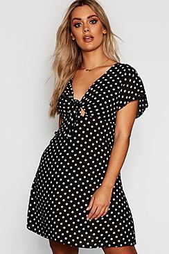 Boohoo Plus Woven Polkadot Tie Detail Shift Dress