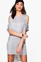 Boohoo Rachel Cross Back Cold Shoulder Knitted Dress Grey