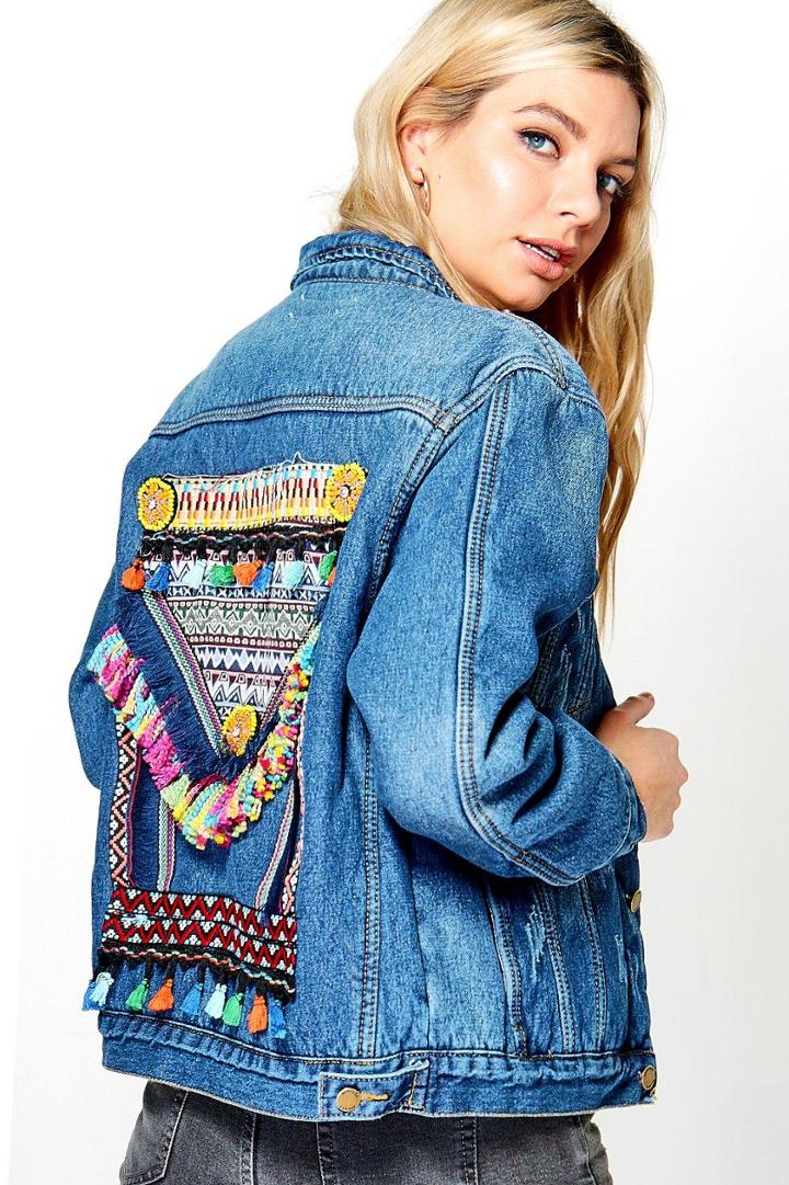 Boohoo Mia Embroidered Statement Back Jean Jacket Indigo