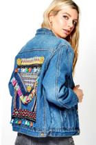 Boohoo Mia Embroidered Statement Back Jean Jacket Indigo