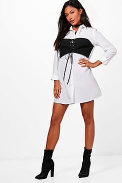Boohoo Rachel Bandeau Corset Belted Shirt Dress