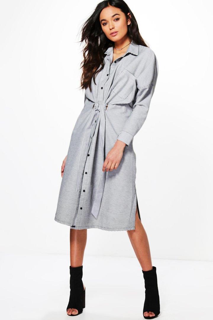Boohoo Penelope Tie Front Stripe Shirt Dress Black