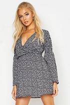 Boohoo Shirred Sleeve Wrap Front Skater Dress