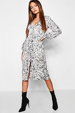 Boohoo Snake Print Blouson Sleeve Button Midi Dress