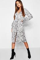 Boohoo Snake Print Blouson Sleeve Button Midi Dress