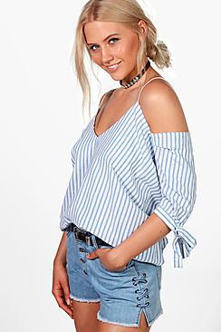 Boohoo Keira Stripe Tie Sleeve Cold Shoulder Top