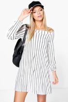 Boohoo Una Off Shoulder Tie Back Stripe Swing Dress White