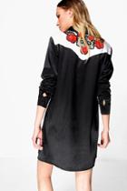 Boohoo Emrata Satin Embroidered Shirt Dress Black