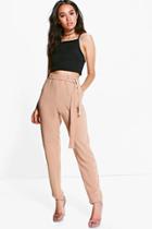 Boohoo Petite Alice Tie Waist Tapered Trouser Camel