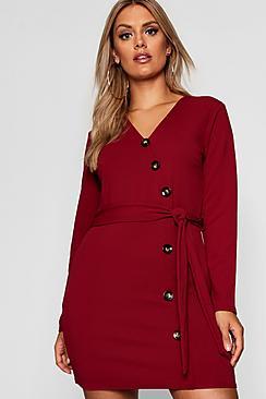 Boohoo Plus Crepe Horn Button Tie Dress