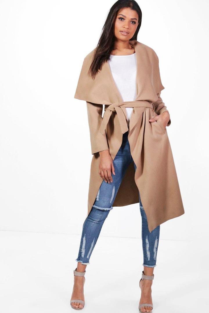 Boohoo Francesca Belted Waterfall Coat Camel