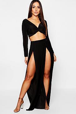 Boohoo Slinky Knot Front Off Shoulder Top + Maxi Skirt Co-ord