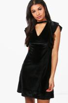 Boohoo Demi Velvet Frill Front Dress Black