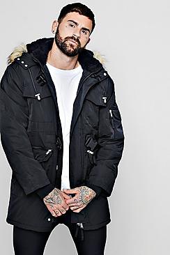 Boohoo Faux Fur Double Buckle Parka