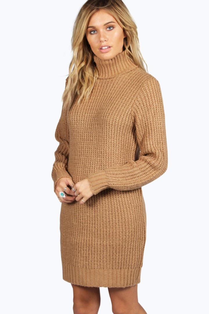 Boohoo Maisie Roll Neck Soft Knit Jumper Dress Camel