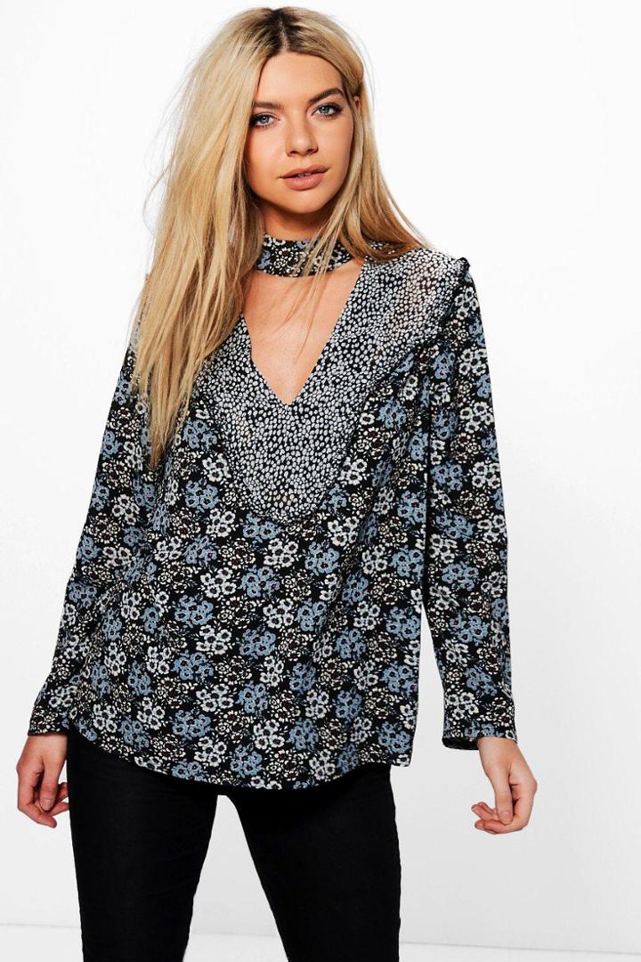 Boohoo Maria Mixed Floral Print Choker Blouse Multi