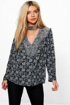 Boohoo Maria Mixed Floral Print Choker Blouse Multi