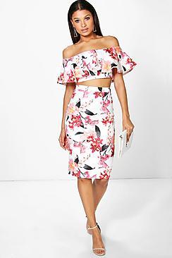 Boohoo Una Floral Off The Shoulder Crop And Midi Skirt