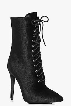 Boohoo Felicity Velvet Lace Up Shoe Boot