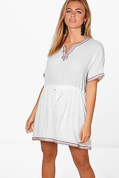 Boohoo Sally Embroidered Tie Waist Smock Dress