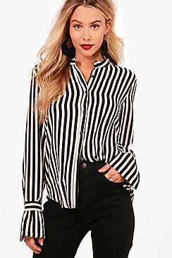 Boohoo Mya Stripe Ruffle Cuff Woven Shirt