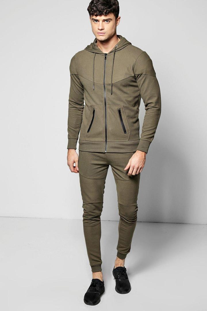 Boohoo Skinny Fit Hooded Ribbed Tracksuit Khaki