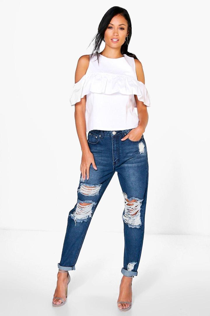 Boohoo Hatty High Waist Distress Boyfriend Jeans Denim-blue