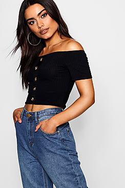 Boohoo Rib Bardot Horn Button Detail Crop