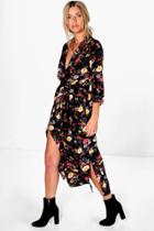 Boohoo Amada Floral Printed Maxi Shirt Dress Black