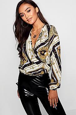 Boohoo Petite Chain Print Wrap Front Top