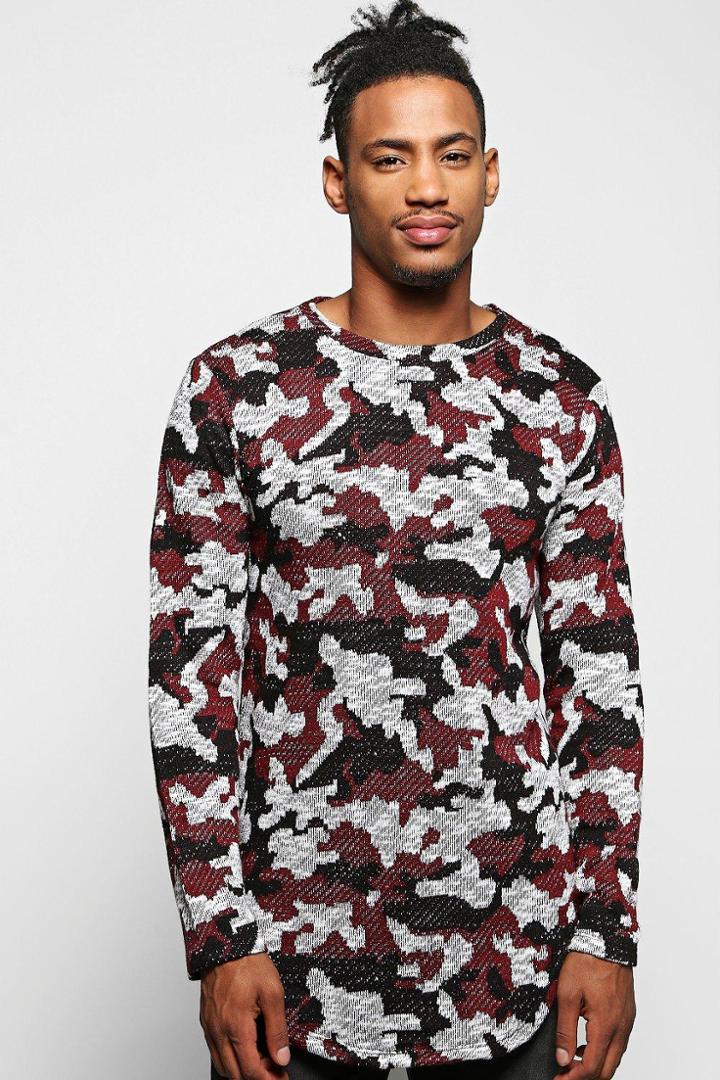 Boohoo Longline Camo Jacquard Jumper Wine