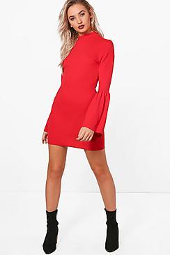 Boohoo Pia High Neck Crepe Flare Sleeve Shift Dress