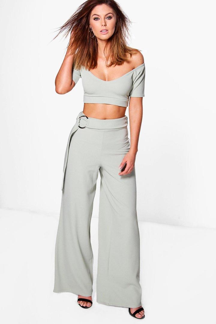 Boohoo Ciara Circle Ring Trouser & Crop Co-ord Set Sage