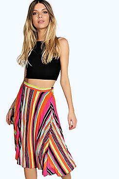 Boohoo Mary Multi Colour Stripe Pleated Midi Skirt
