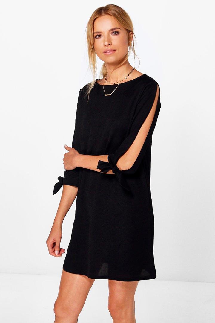 Boohoo Roxy Tie Sleeve Long Sleeve Shift Dress Black