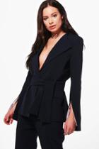 Boohoo Naomi Split Sleeve Contrast Belted Tailored Blazer Navy