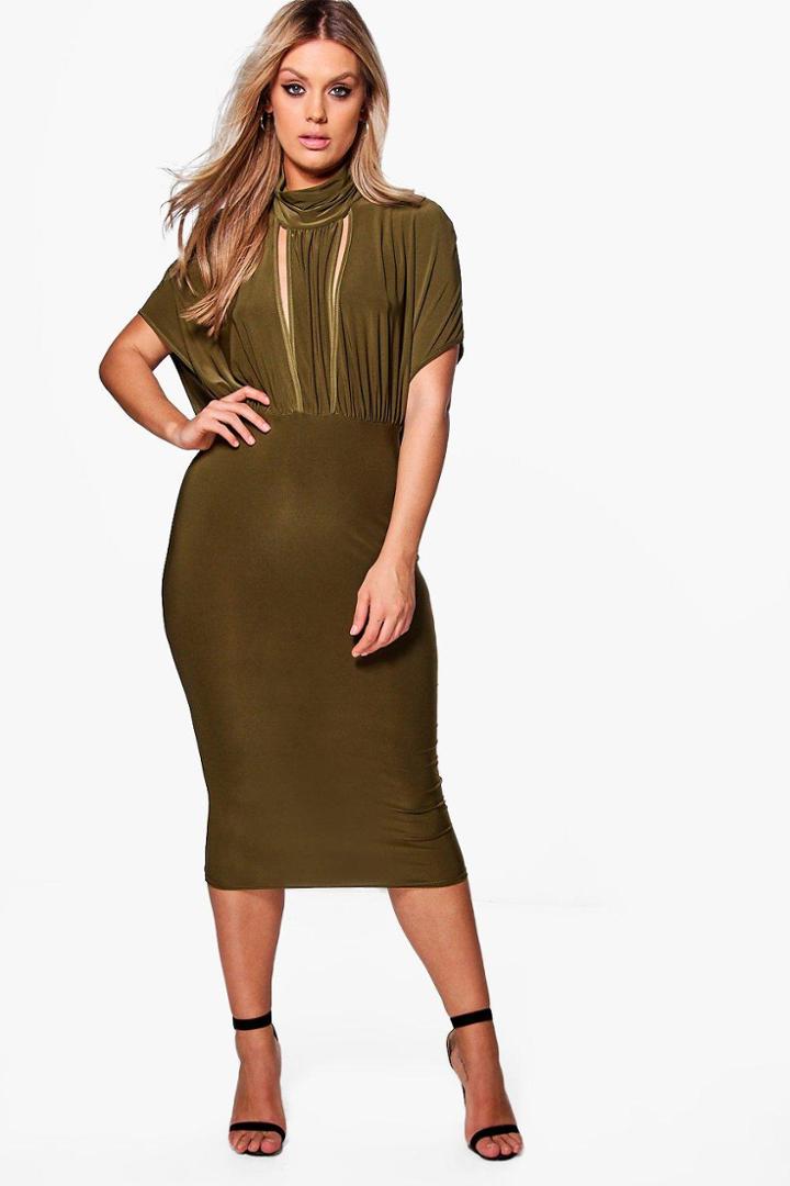 Boohoo Plus Leanne Open Front Short Sleeve Midi Dress Khaki