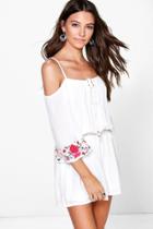 Boohoo Ollie Open Shoulder Embroidered Playsuit White