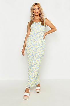 Boohoo Plus Lemon Print Scoop Neck Maxi Dress