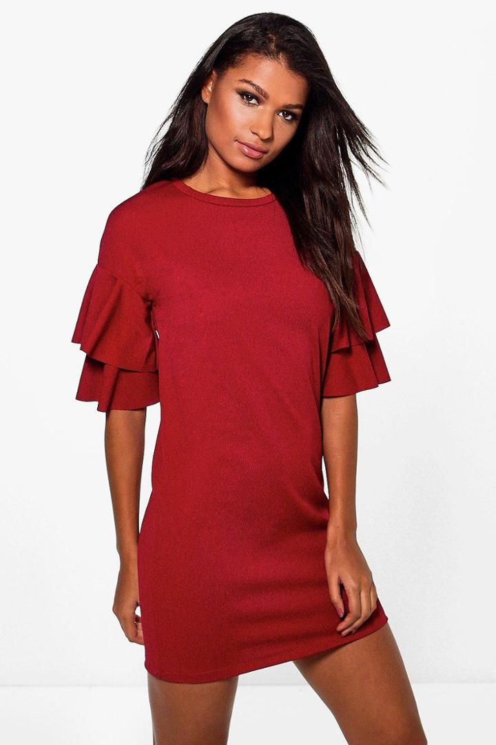 Boohoo Farah Double Frill Sleeve Shift Dress Berry