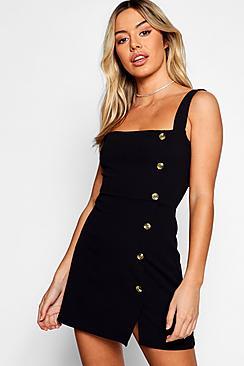 Boohoo Petite Mock Horn Button Square Neck Shift Dress