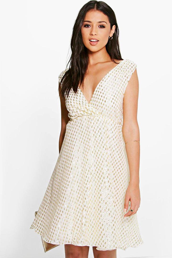 Boohoo Boutique Angie Metallic Print Prom Dress Ivory