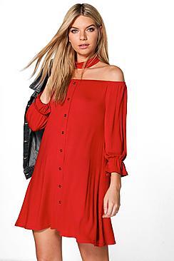 Boohoo Fiona Off Shoulder Choker Shift Dress