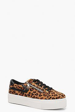 Boohoo Leopard Zip Side Platform Trainers