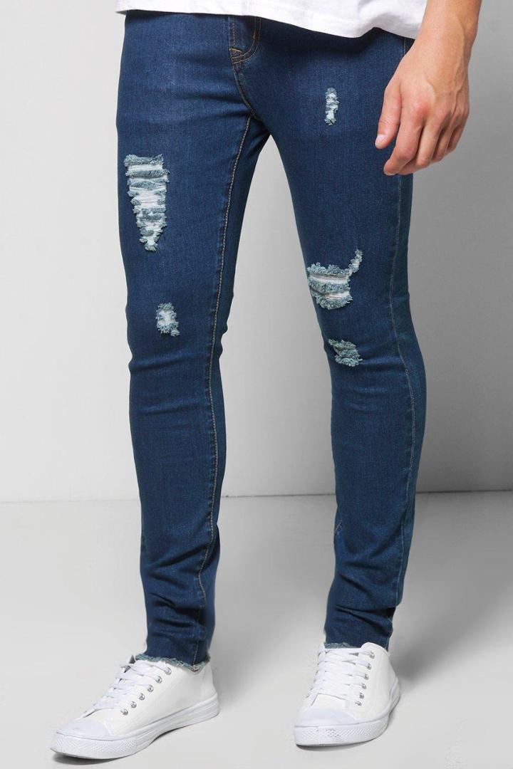 Boohoo Skinny Fit Raw Cuff Ripped Jeans Indigo