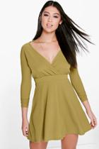 Boohoo Eva Long Sleeve Wrap Front Skater Dress Olive